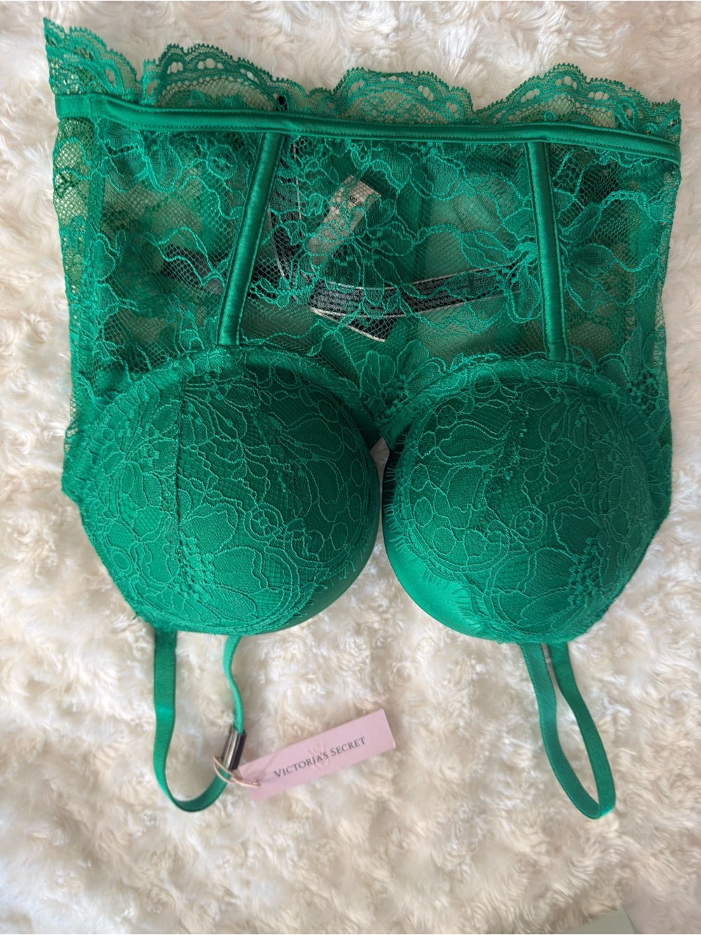 Victoria's Secret Green Lace Bustier Bra with Sheer Panel